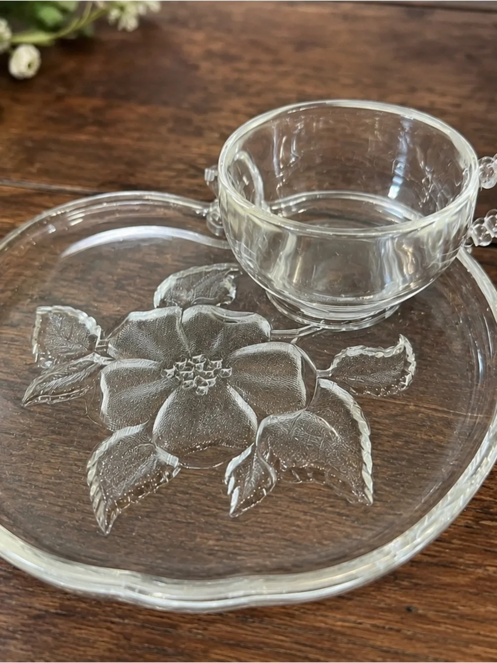 Vintage Hazel Atlas Wild Rose Clear Glass Snack Set Cup & Apple Plate 2 Pc